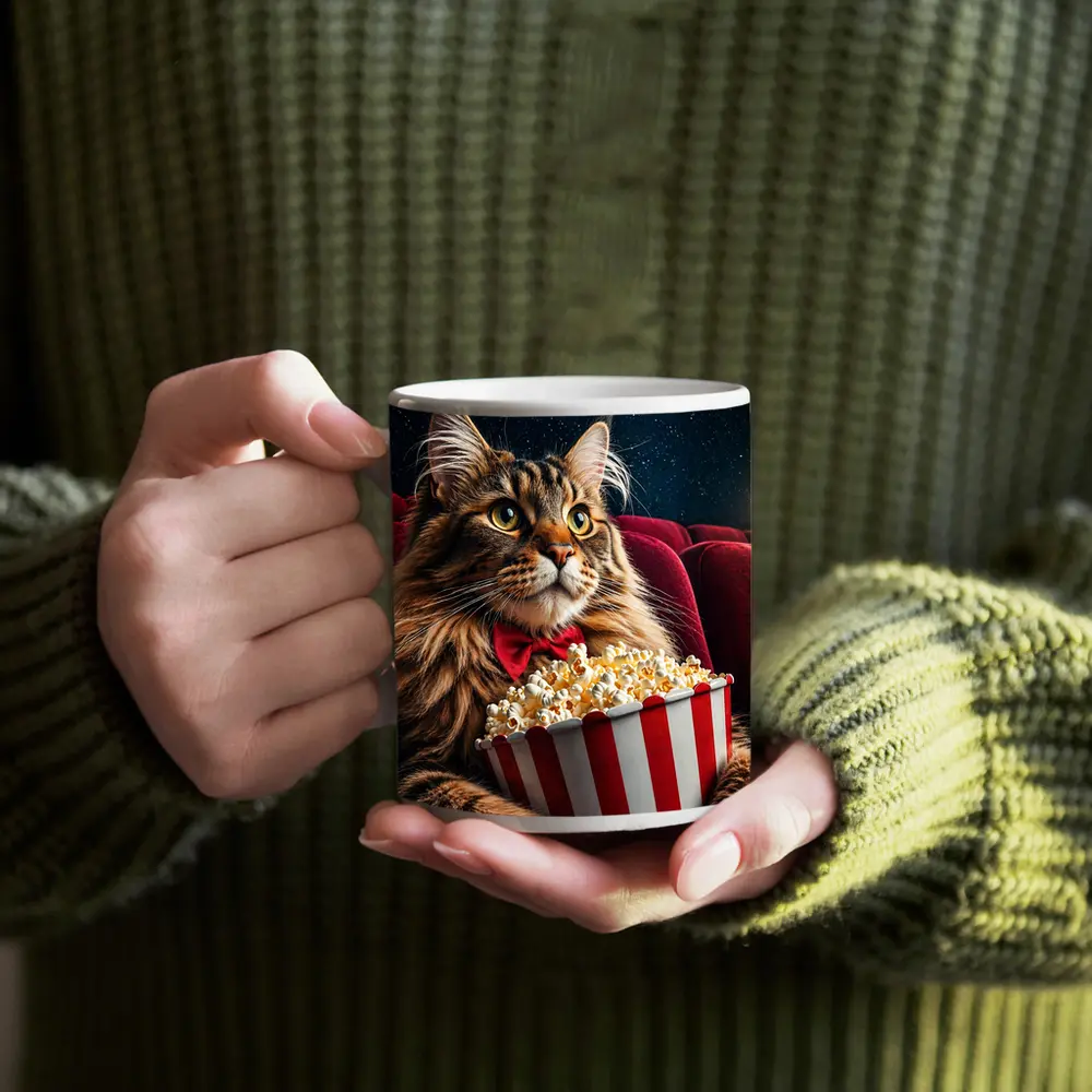 Maine Coon Cat Watching Movie With Popcorn – Mugs