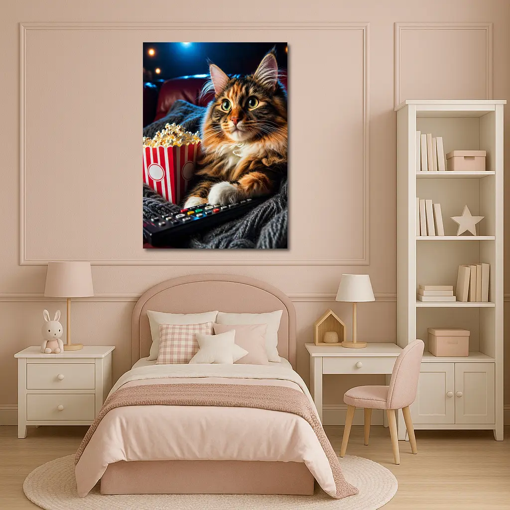 Maine Coon Cat Movie Night With Popcorn – Wall Art