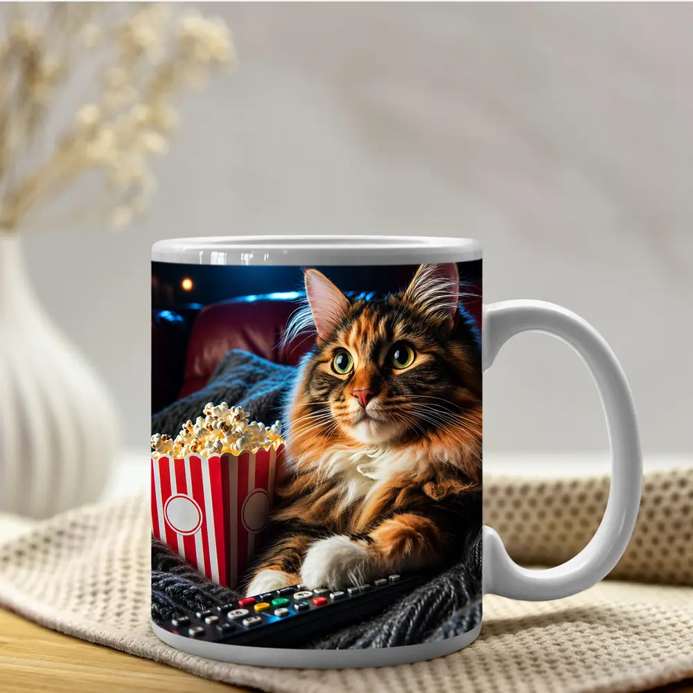 Maine Coon Cat Movie Night With Popcorn – Mugs