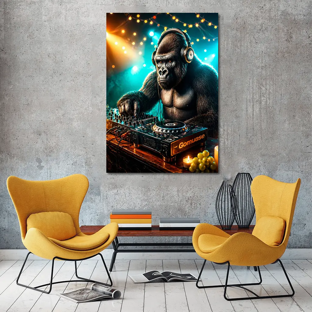 Gorilla DJ Spinning Tracks Neon Club – Wall Art