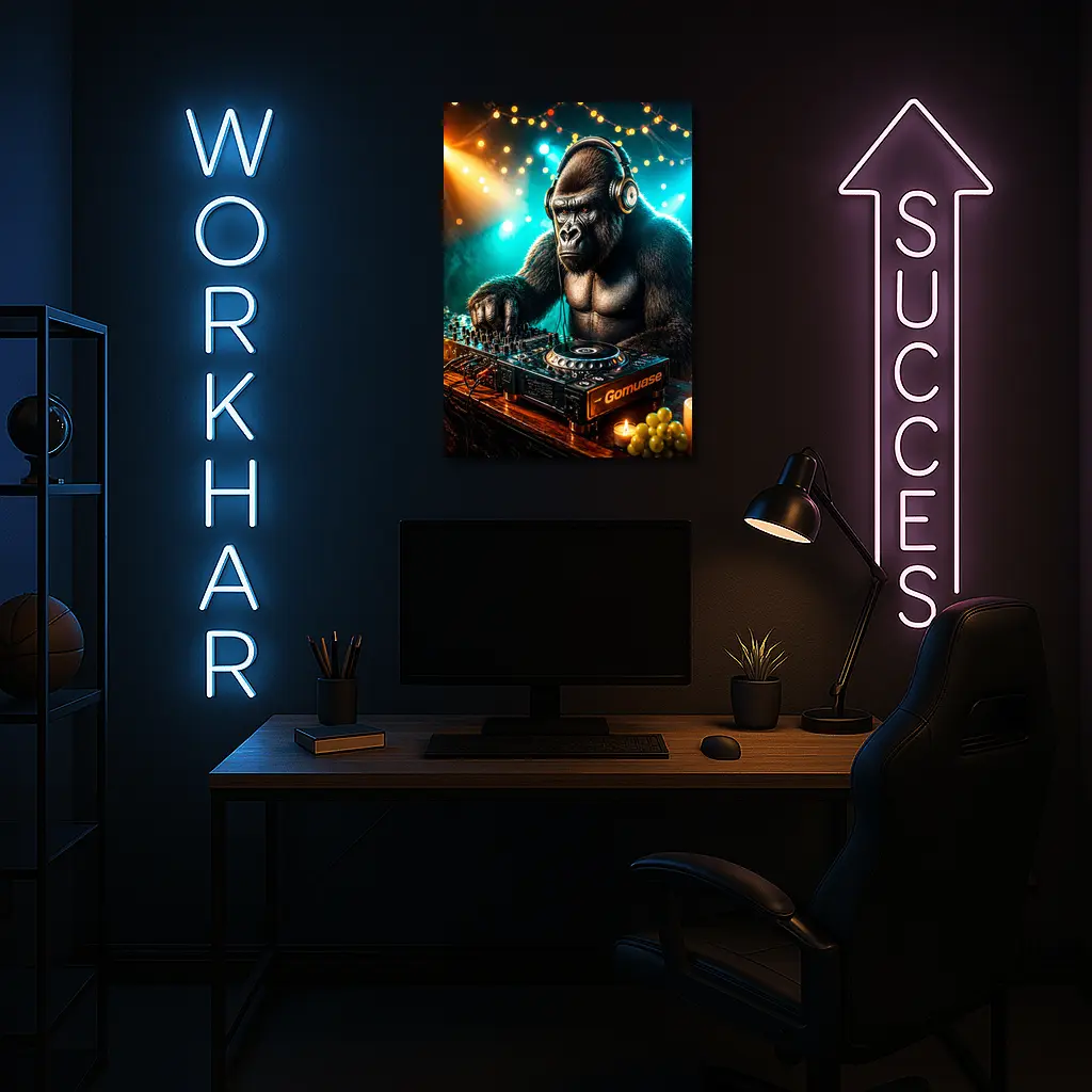 Gorilla DJ Spinning Tracks Neon Club – Wall Art