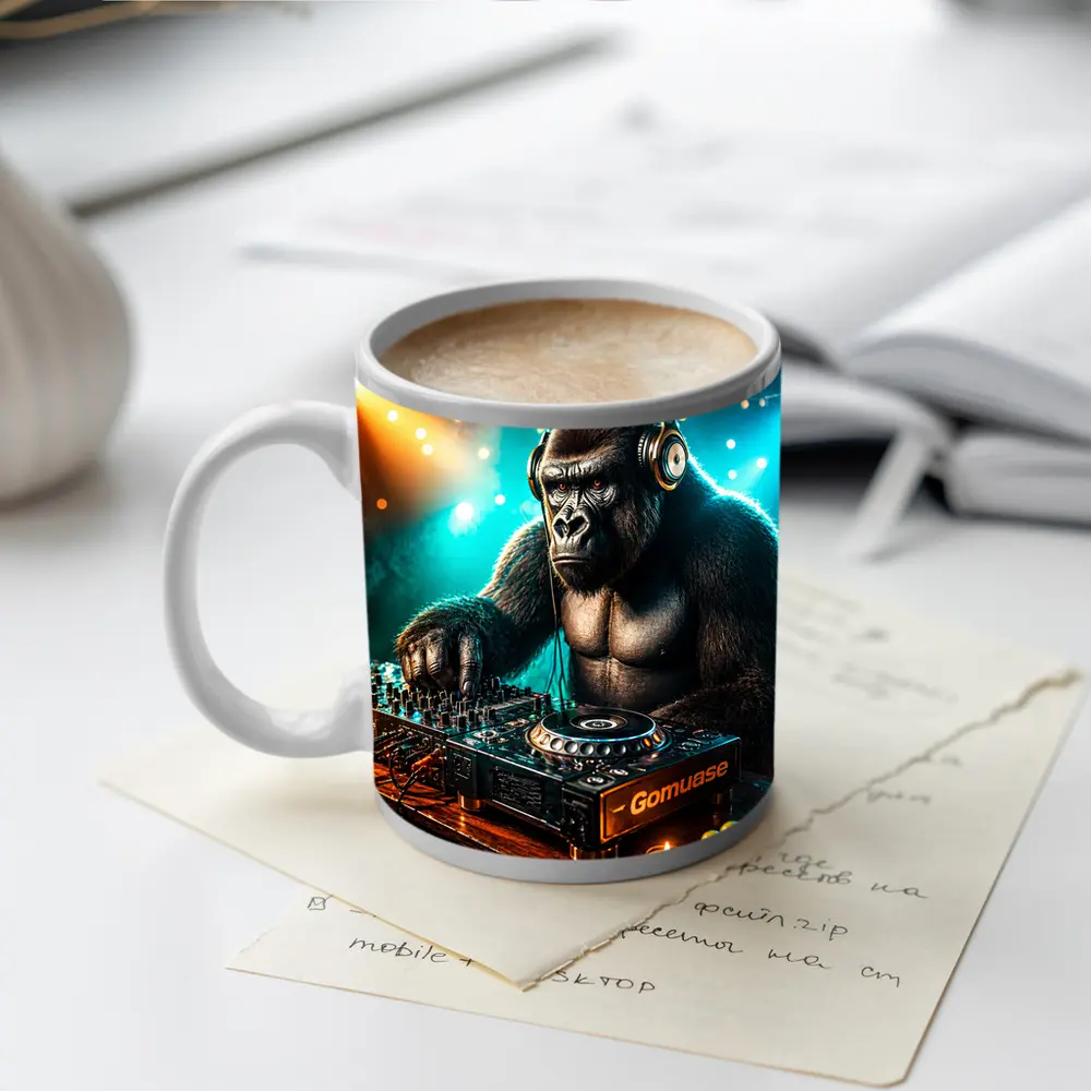 Gorilla DJ Spinning Tracks Neon Club – Mugs