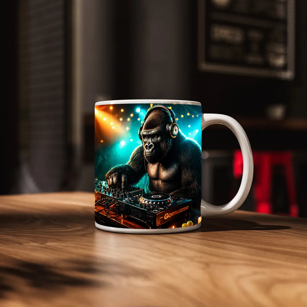 Gorilla DJ Spinning Tracks Neon Club – Mugs