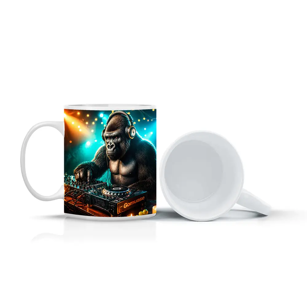 Gorilla DJ Spinning Tracks Neon Club – Mugs