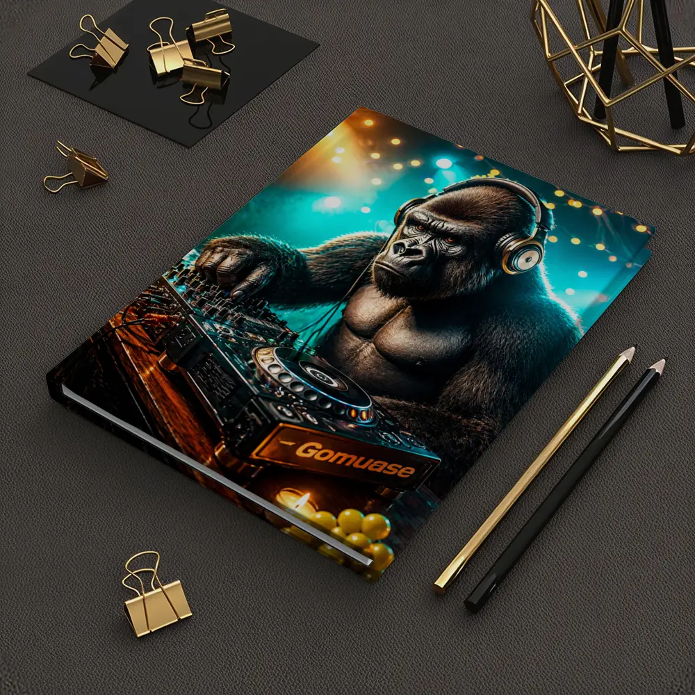 Gorilla DJ Spinning Tracks Neon Club – Notebooks