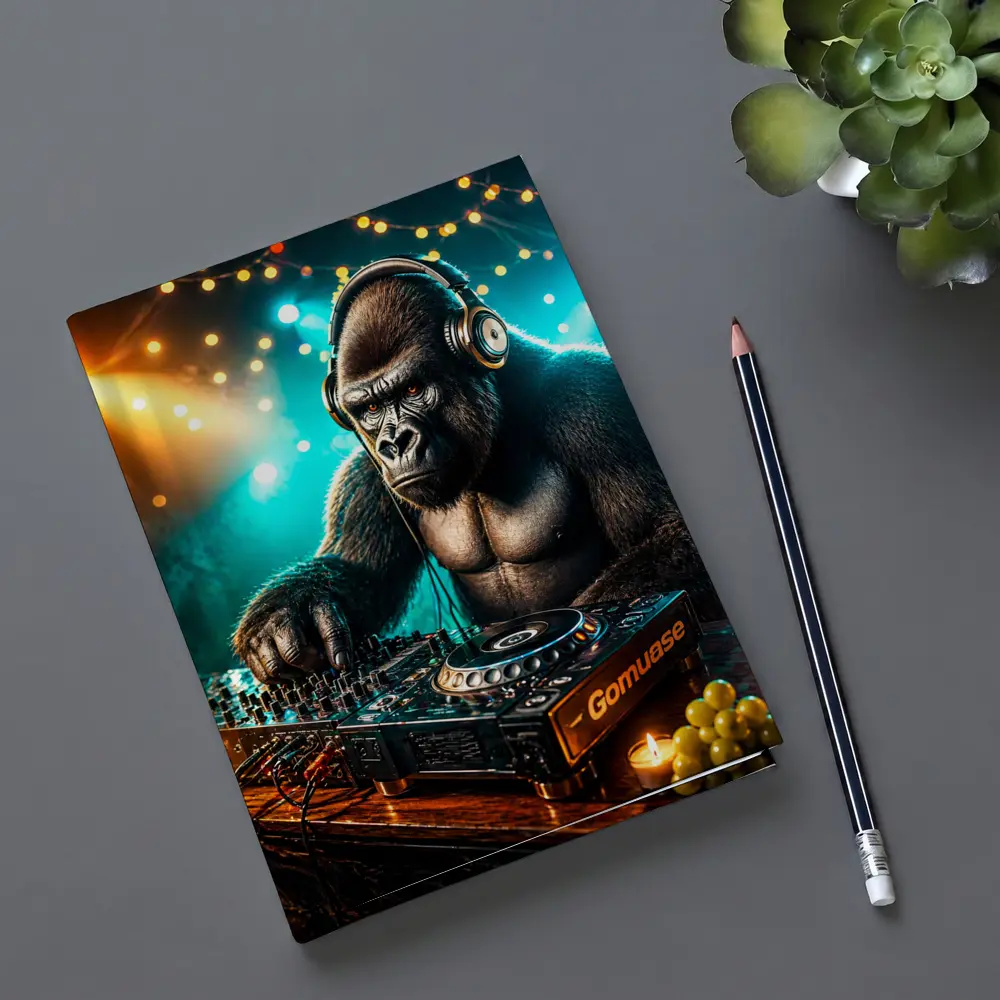 Gorilla DJ Spinning Tracks Neon Club – Notebooks