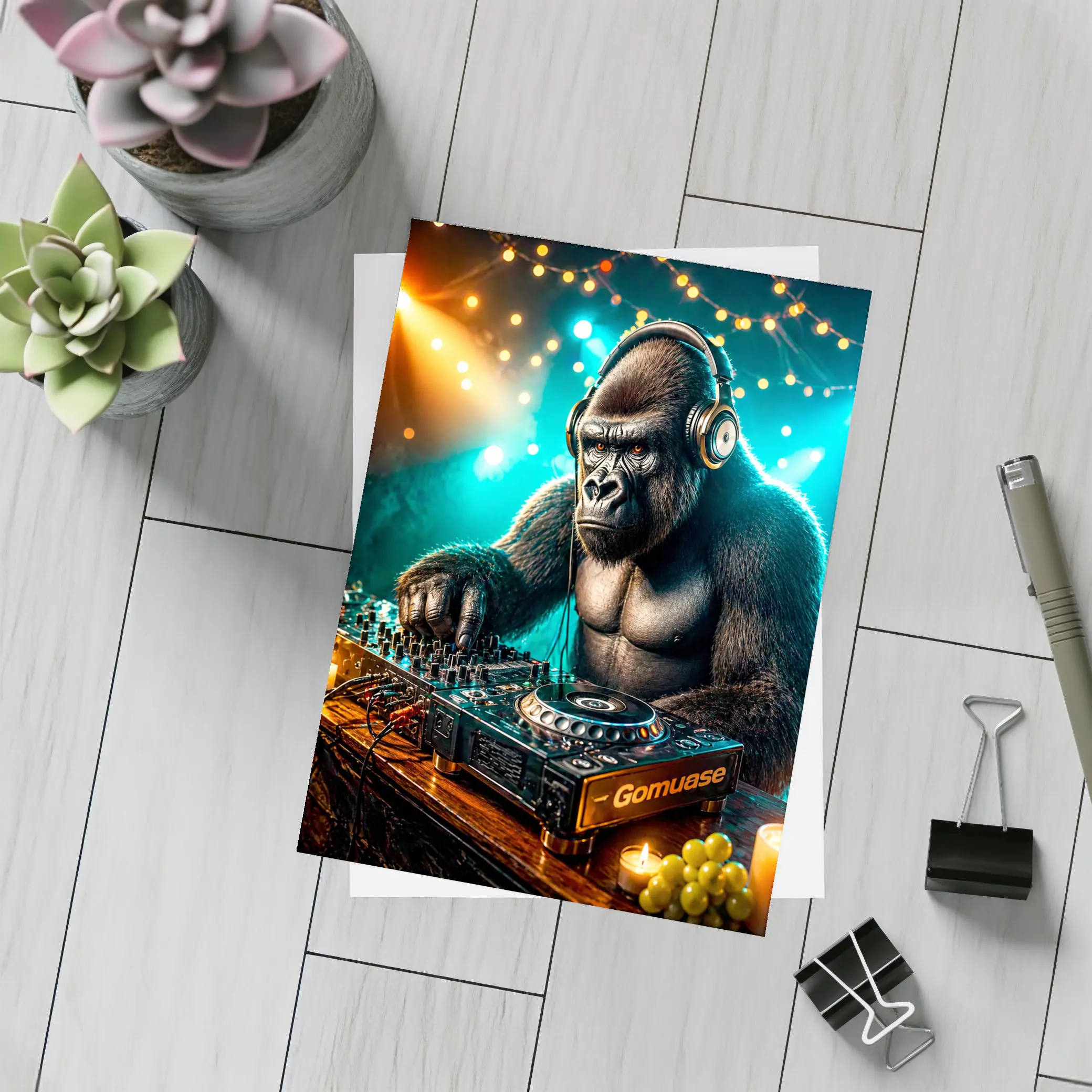 Gorilla DJ Spinning Tracks Neon Club – Postcards