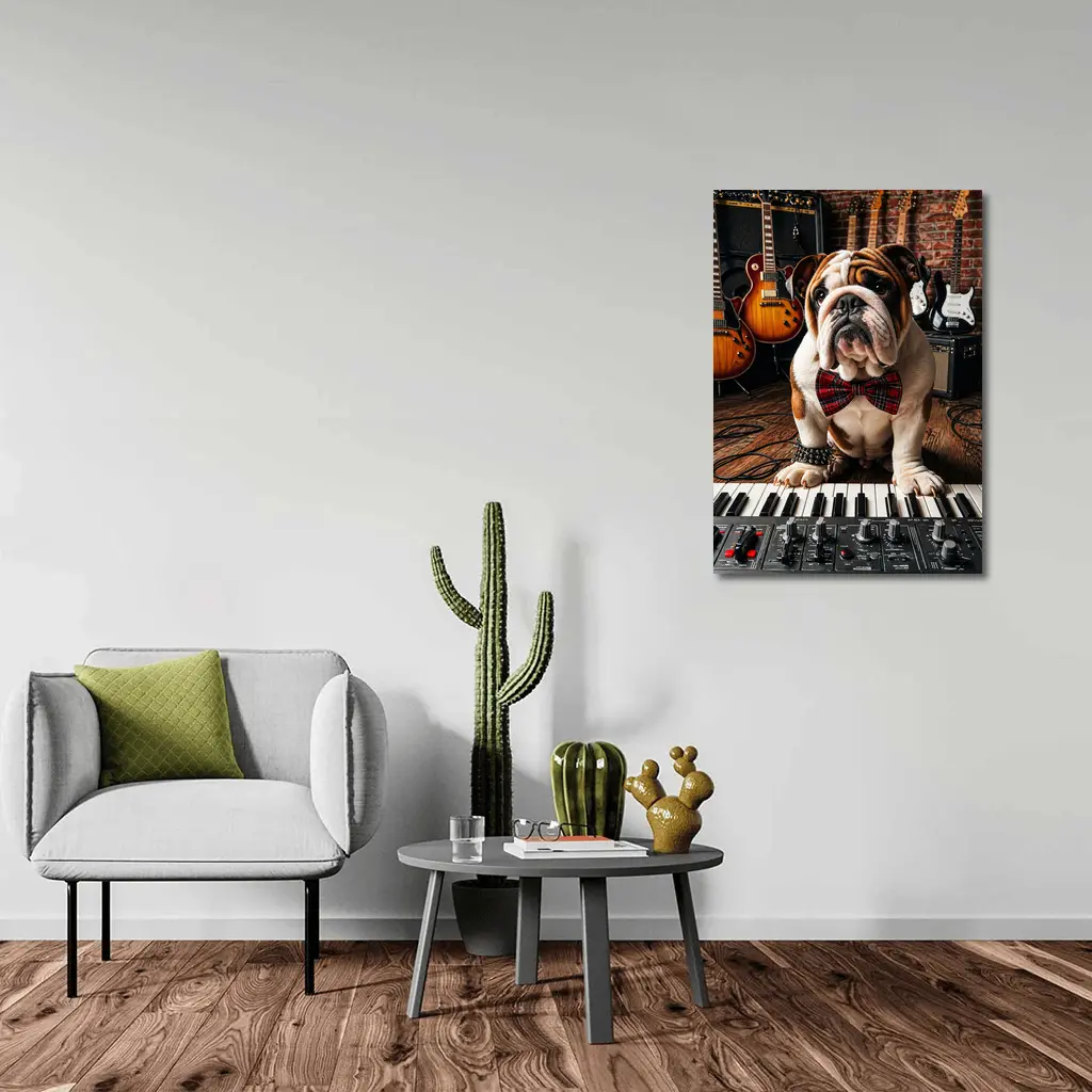 English Bulldog Playing Keyboard in Music Studio – Wall Art