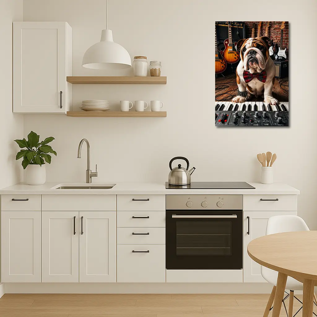English Bulldog Playing Keyboard in Music Studio – Wall Art