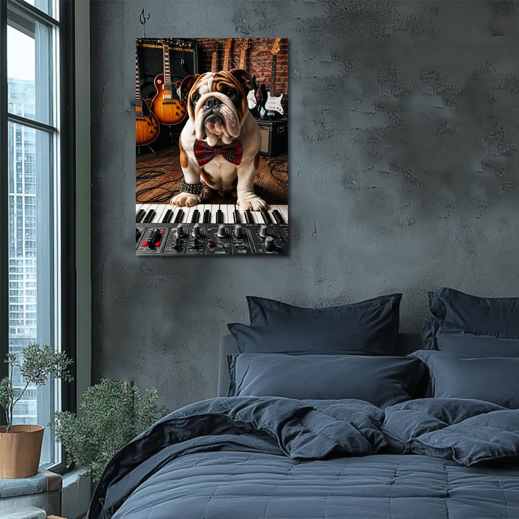 English Bulldog Playing Keyboard in Music Studio – Wall Art