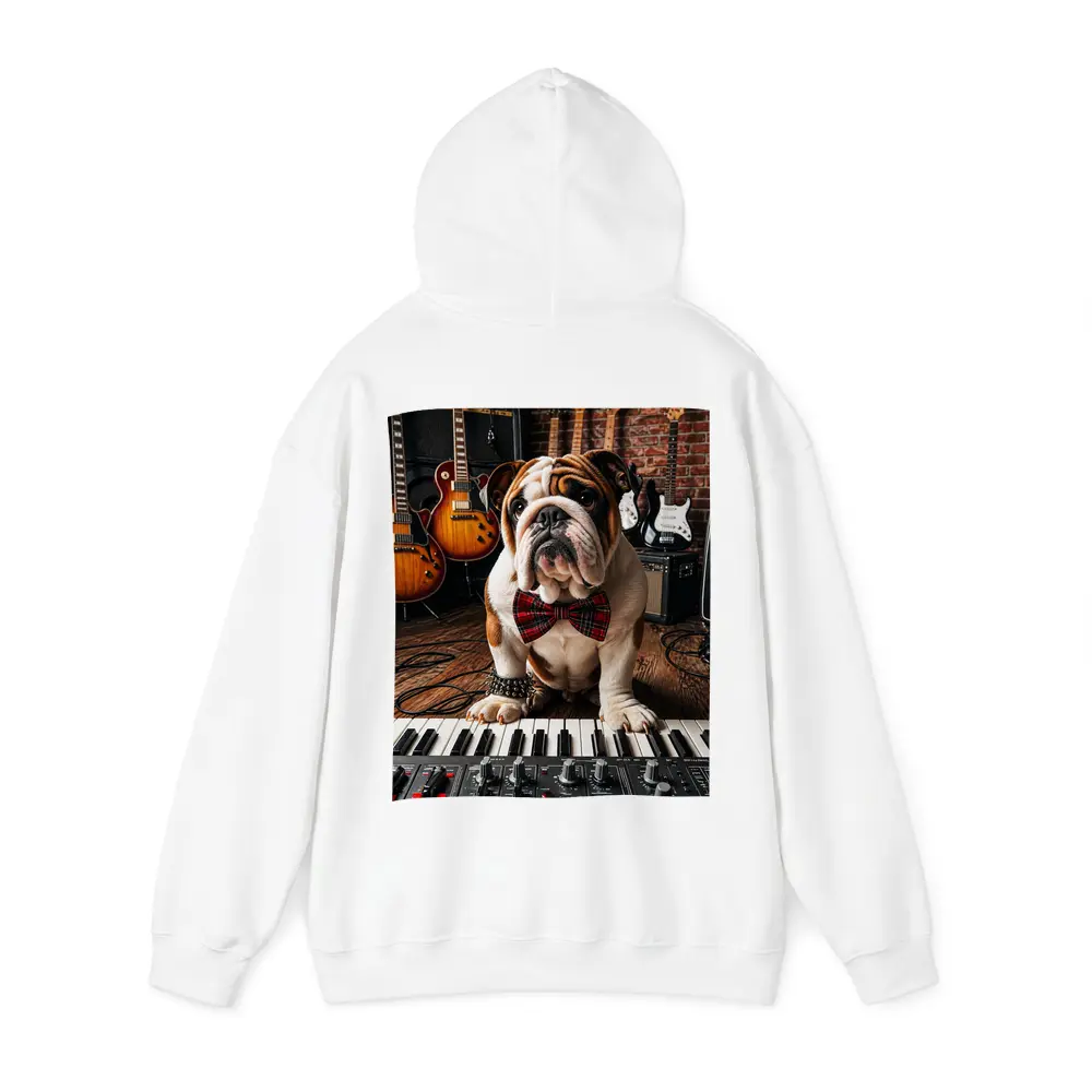 English Bulldog Playing Keyboard in Music Studio – Hoodies