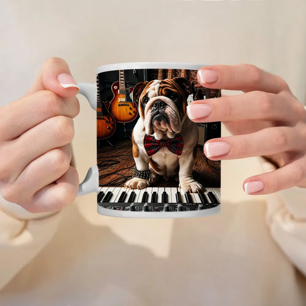 English Bulldog Playing Keyboard in Music Studio – Mugs