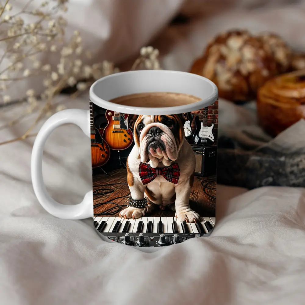 English Bulldog Playing Keyboard in Music Studio – Mugs