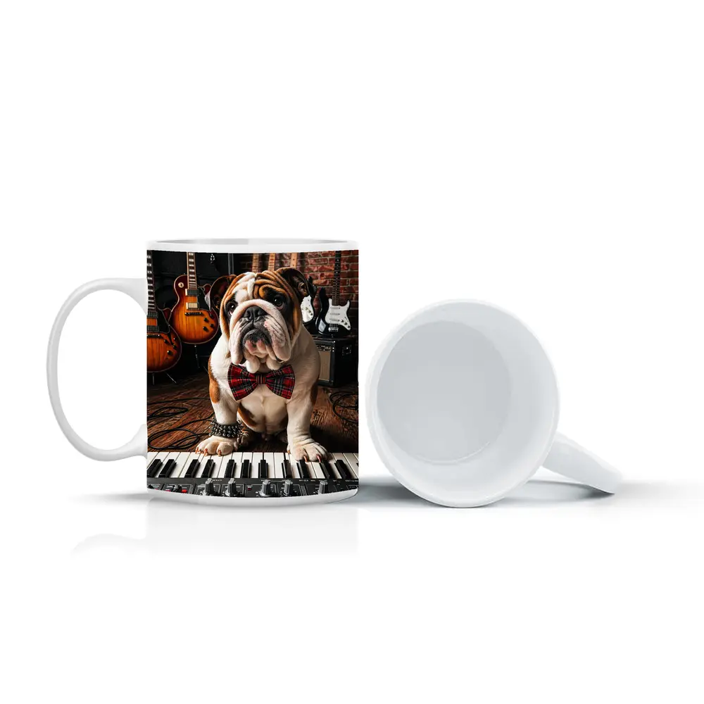 English Bulldog Playing Keyboard in Music Studio – Mugs