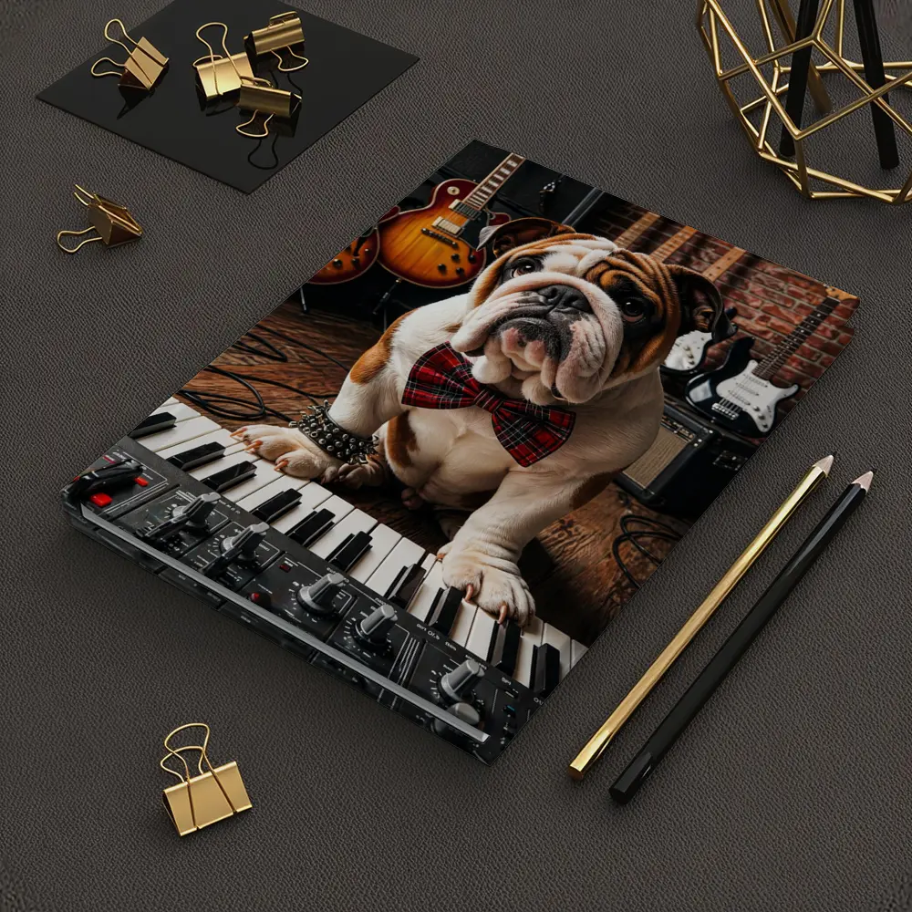 English Bulldog Playing Keyboard in Music Studio – Notebooks