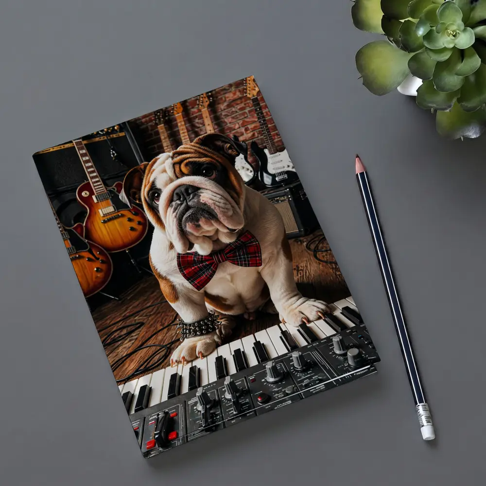 English Bulldog Playing Keyboard in Music Studio – Notebooks