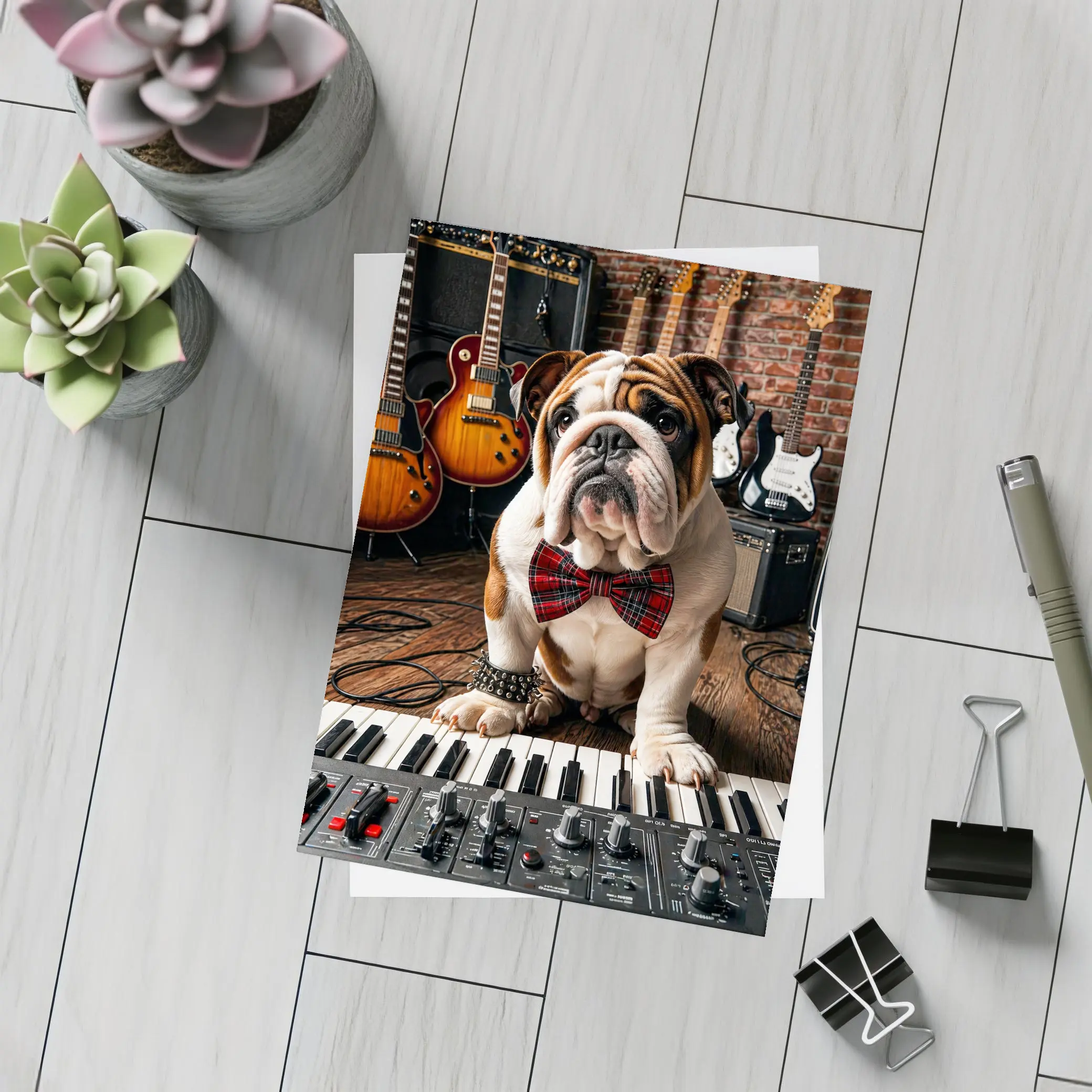 English Bulldog Playing Keyboard in Music Studio – Postcards
