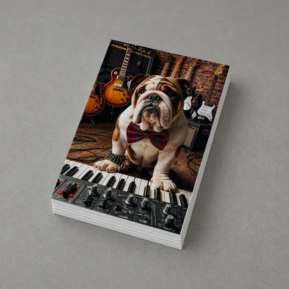 English Bulldog Playing Keyboard in Music Studio – Postcards