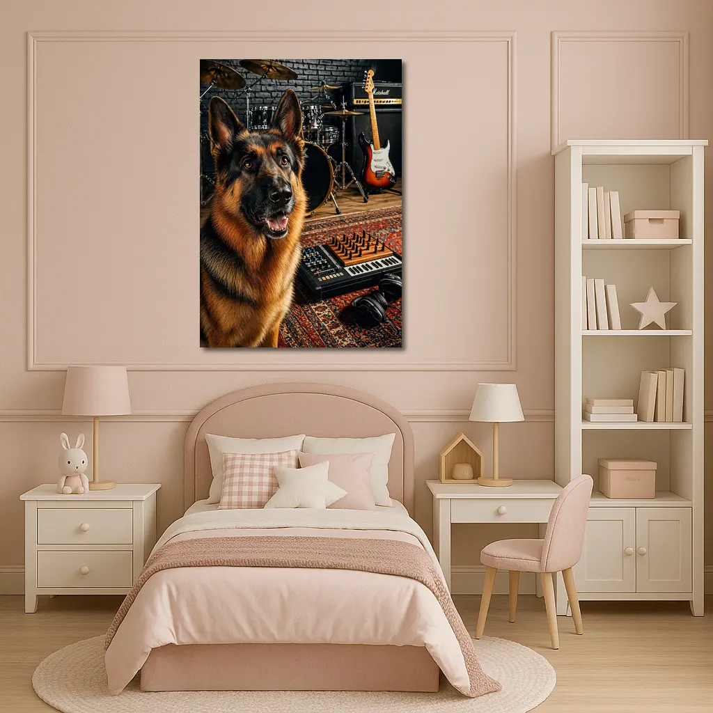 German Shepherd In Music Studio Setting – Wall Art