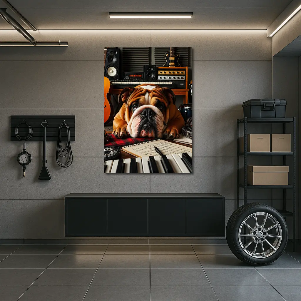 Bulldog Relaxing in Music Recording Studio – Wall Art
