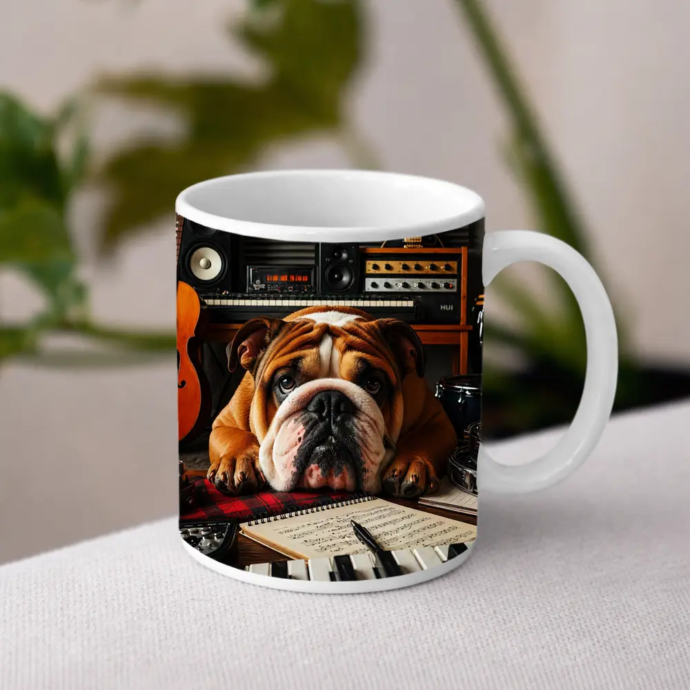 Bulldog Relaxing in Music Recording Studio – Mugs