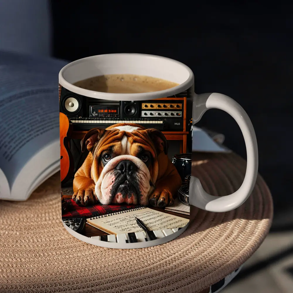 Bulldog Relaxing in Music Recording Studio – Mugs