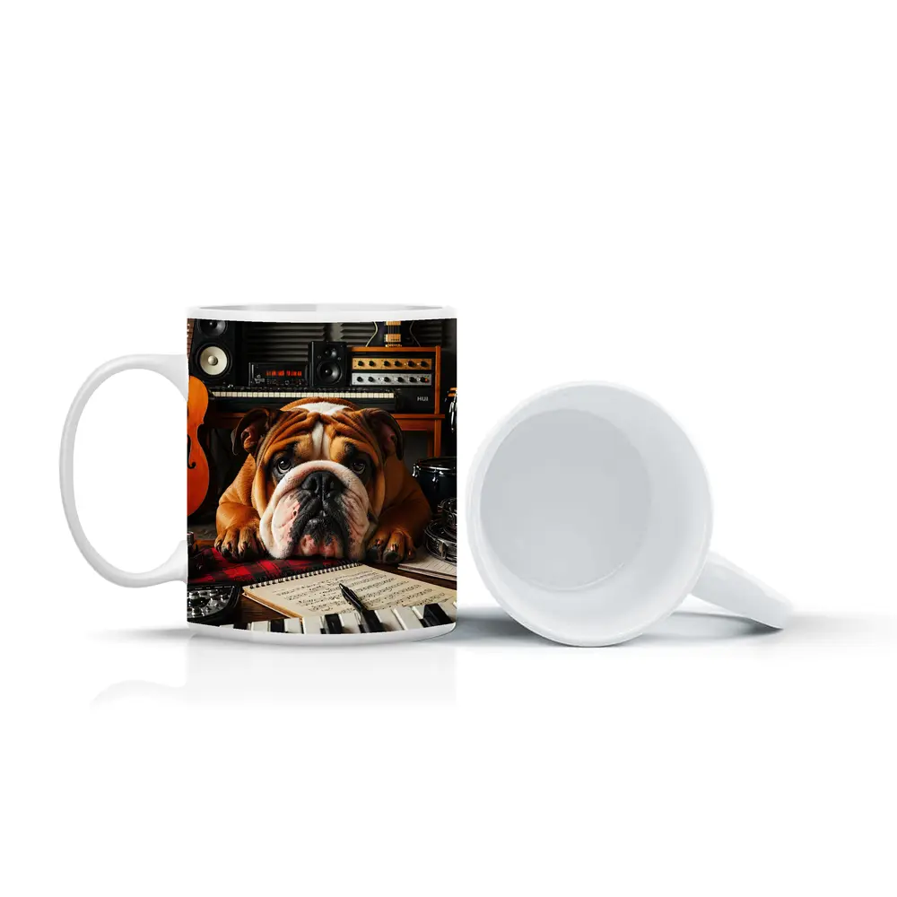 Bulldog Relaxing in Music Recording Studio – Mugs