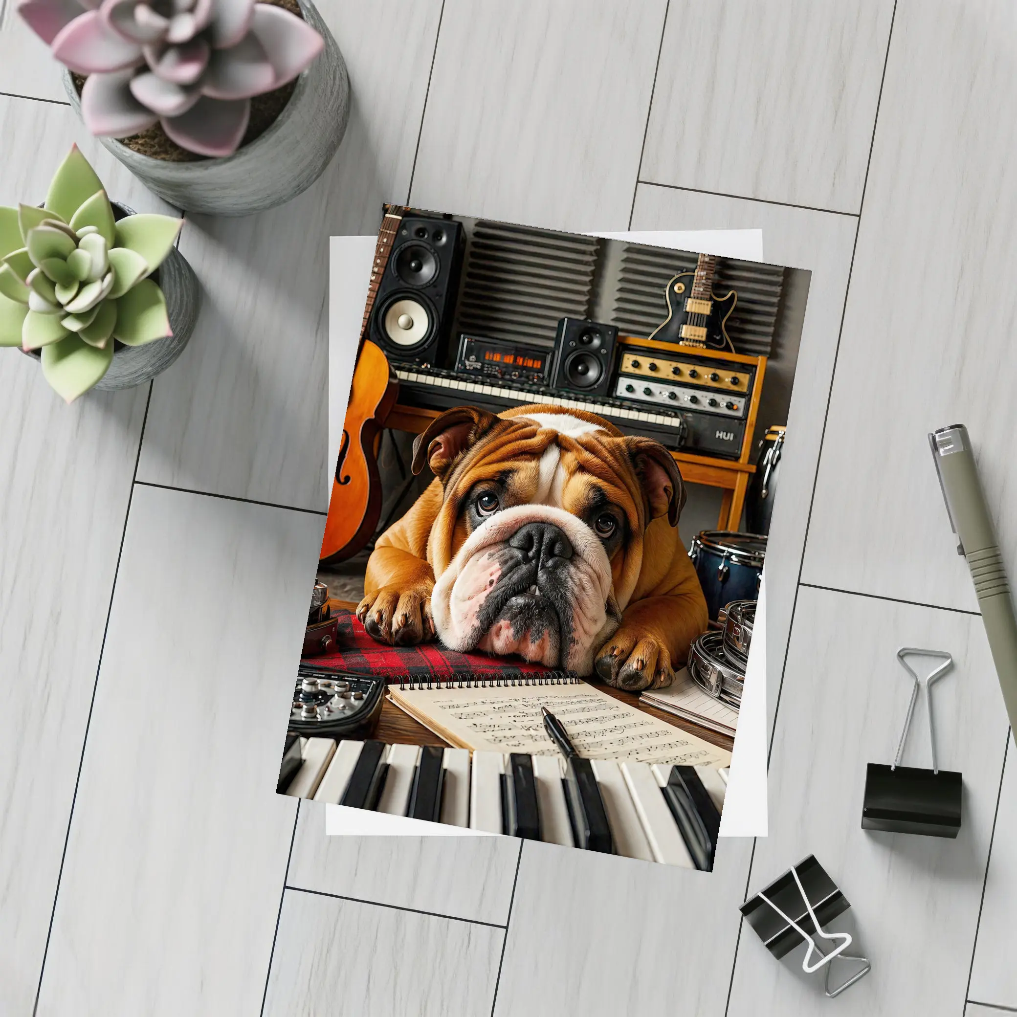Bulldog Relaxing in Music Recording Studio – Postcards