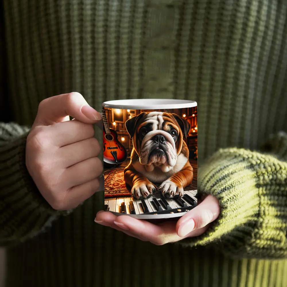English Bulldog Playing Piano Music Studio – Mugs