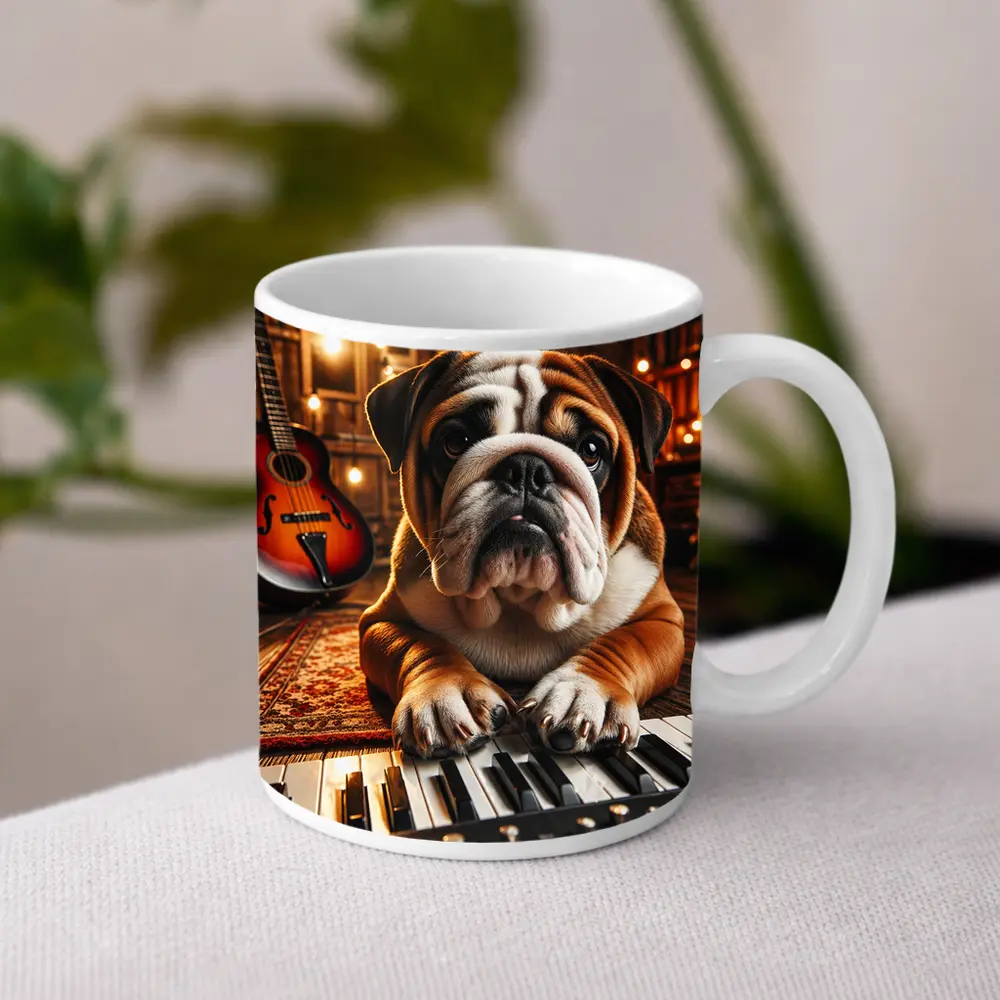 English Bulldog Playing Piano Music Studio – Mugs
