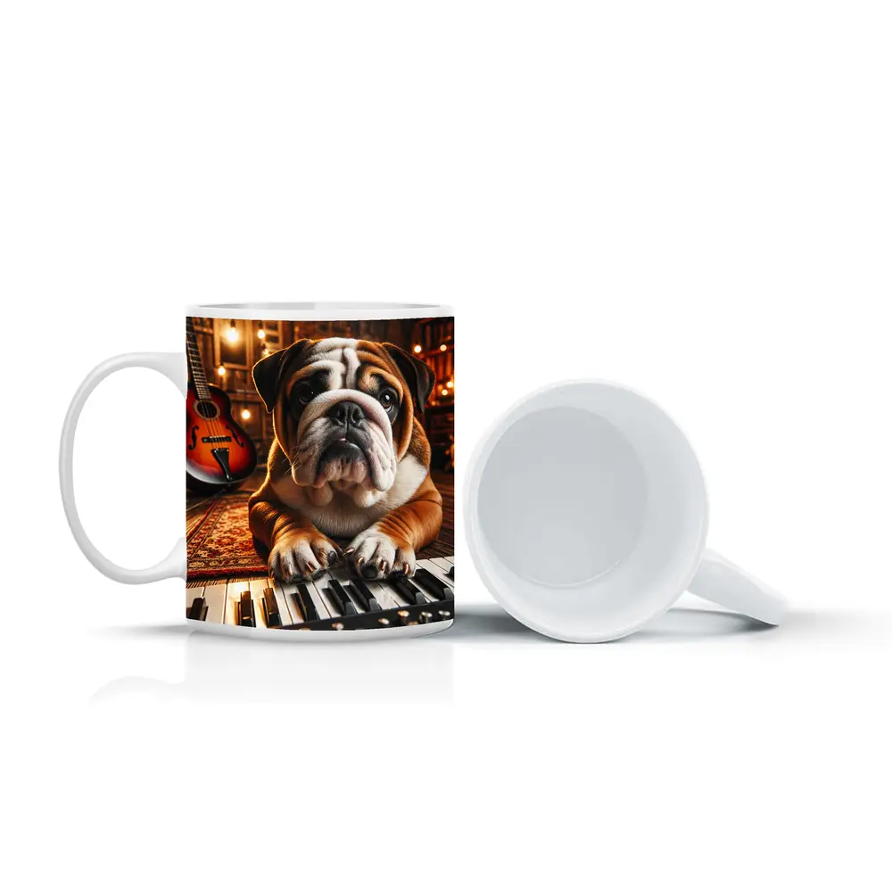 English Bulldog Playing Piano Music Studio – Mugs