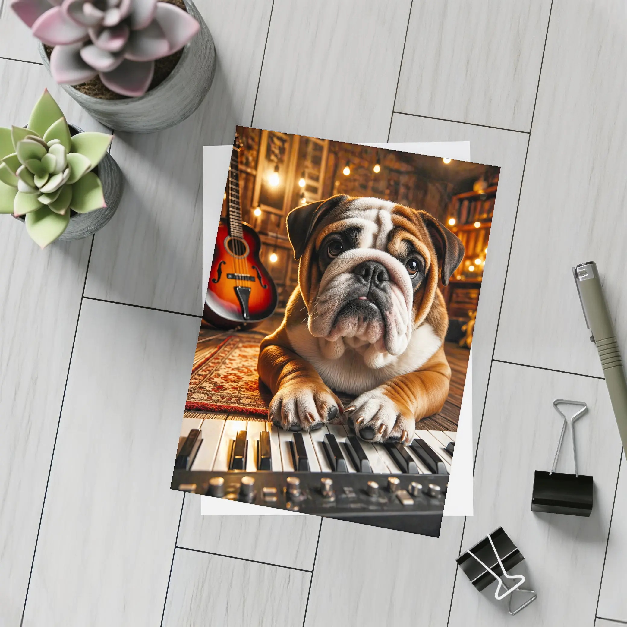 English Bulldog Playing Piano Music Studio – Postcards