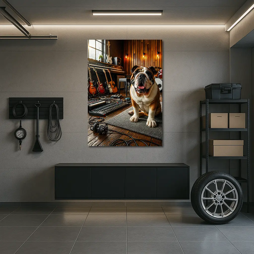 Bulldog Sitting In Music Recording Studio – Wall Art