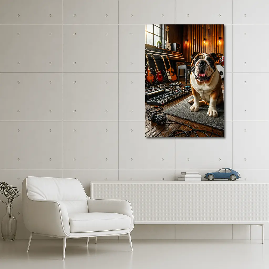 Bulldog Sitting In Music Recording Studio – Wall Art