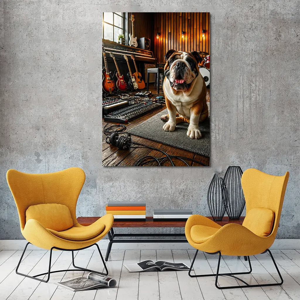 Bulldog Sitting In Music Recording Studio – Wall Art