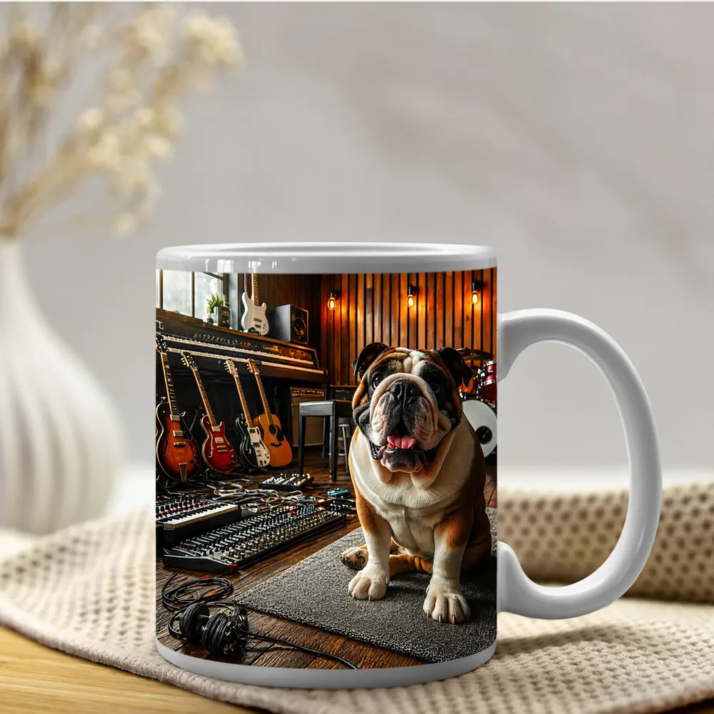 Bulldog Sitting In Music Recording Studio – Mugs