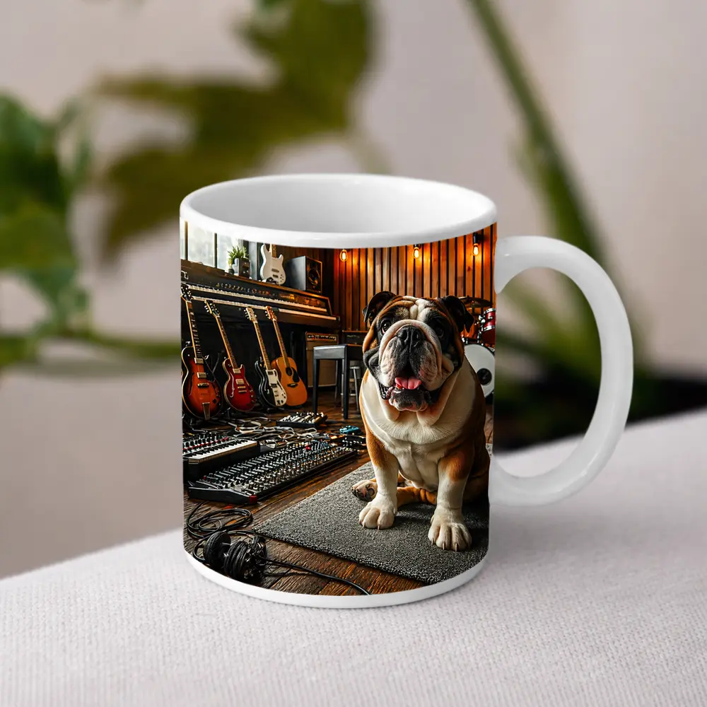 Bulldog Sitting In Music Recording Studio – Mugs