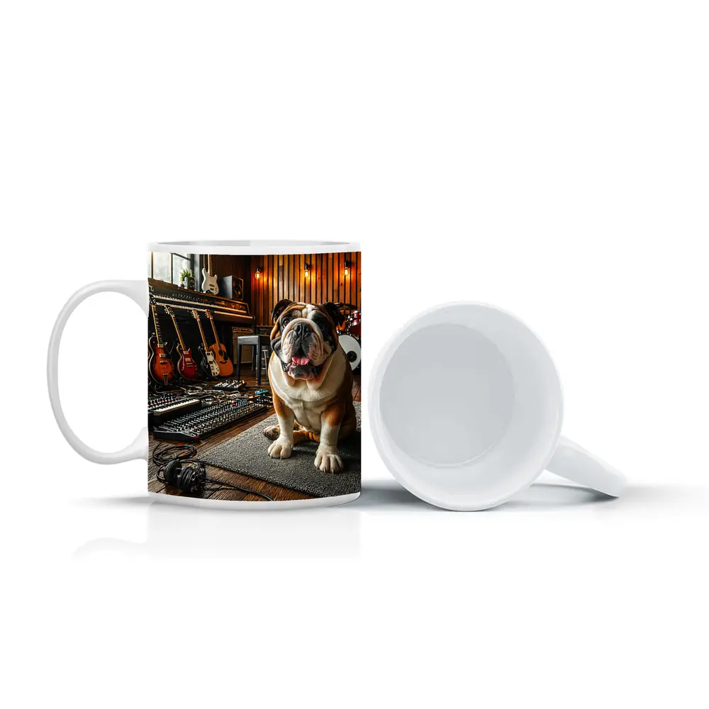 Bulldog Sitting In Music Recording Studio – Mugs