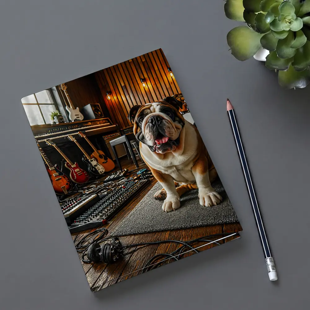 Bulldog Sitting In Music Recording Studio – Notebooks