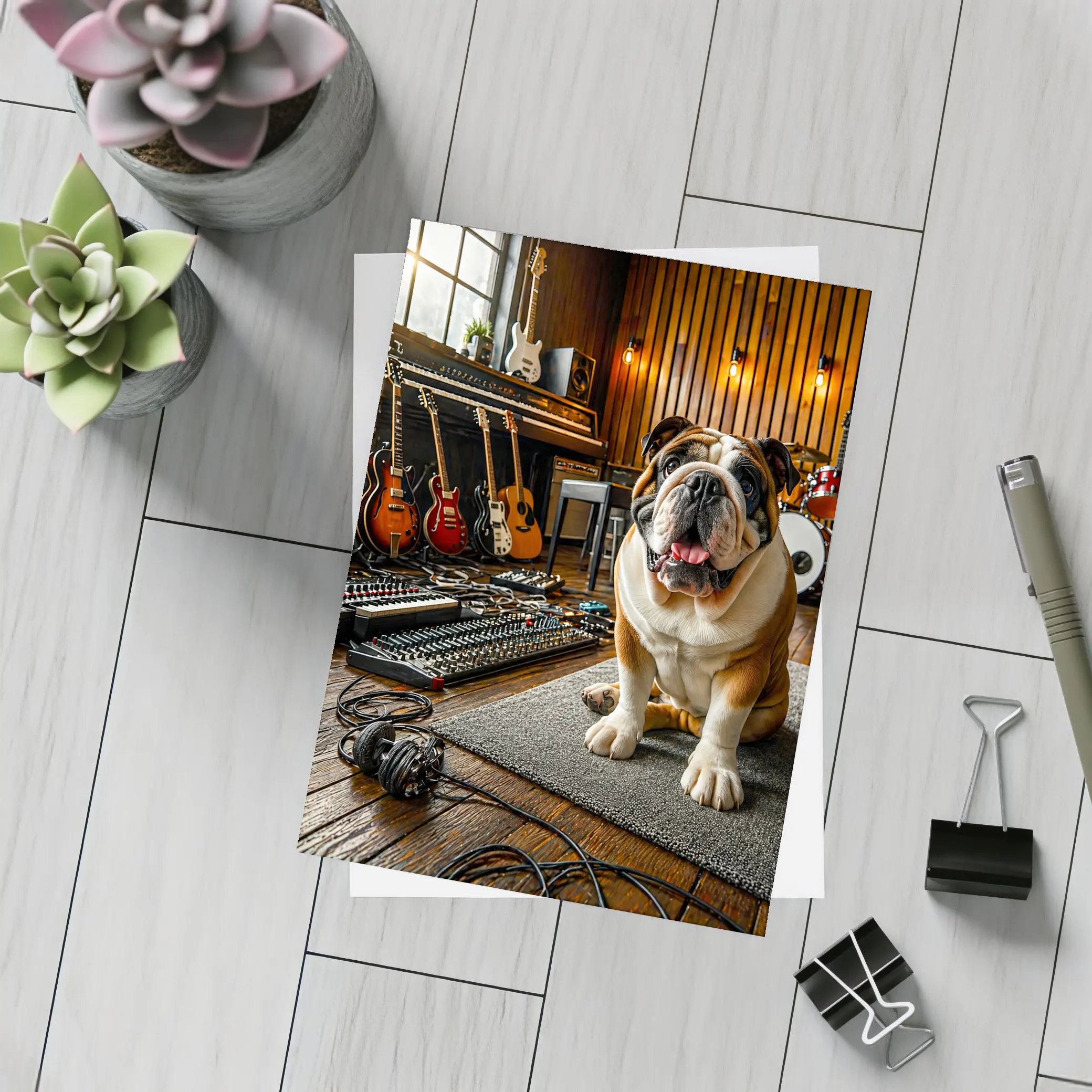 Bulldog Sitting In Music Recording Studio – Postcards