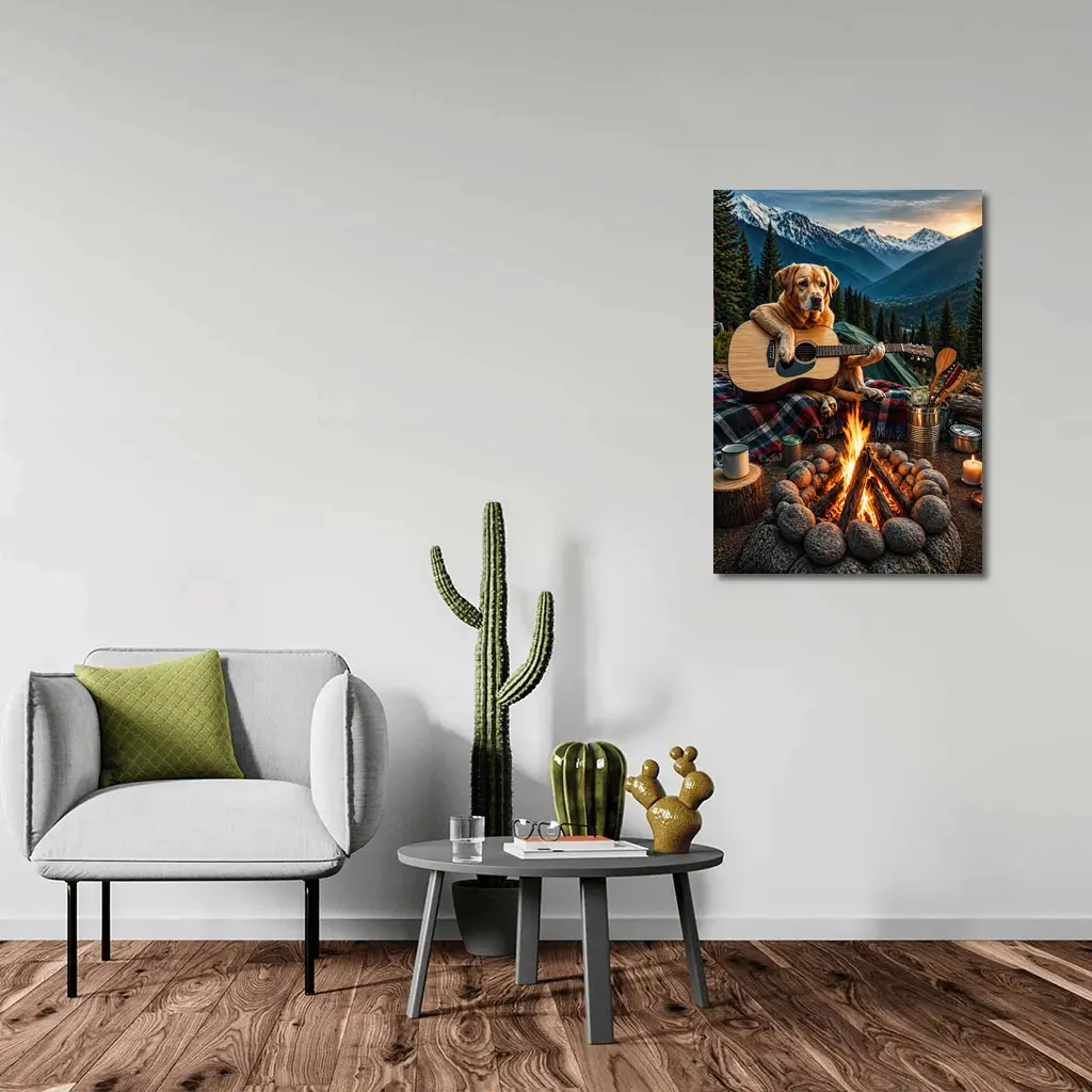 Labrador Retriever Playing Guitar Mountain Campfire – Wall Art