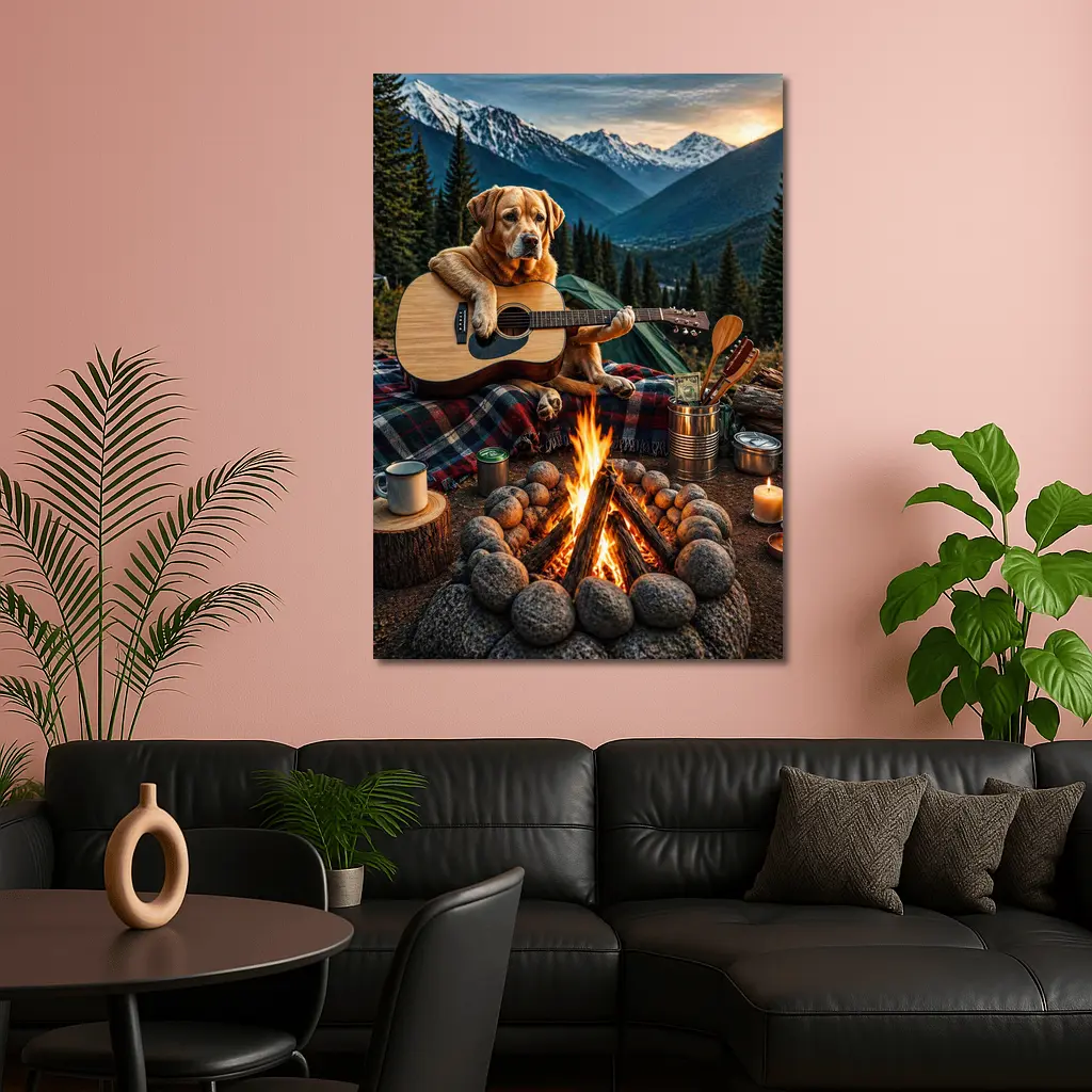 Labrador Retriever Playing Guitar Mountain Campfire – Wall Art