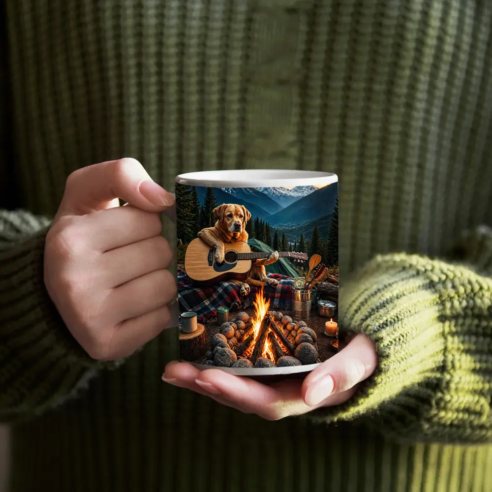 Labrador Retriever Playing Guitar Mountain Campfire – Mugs