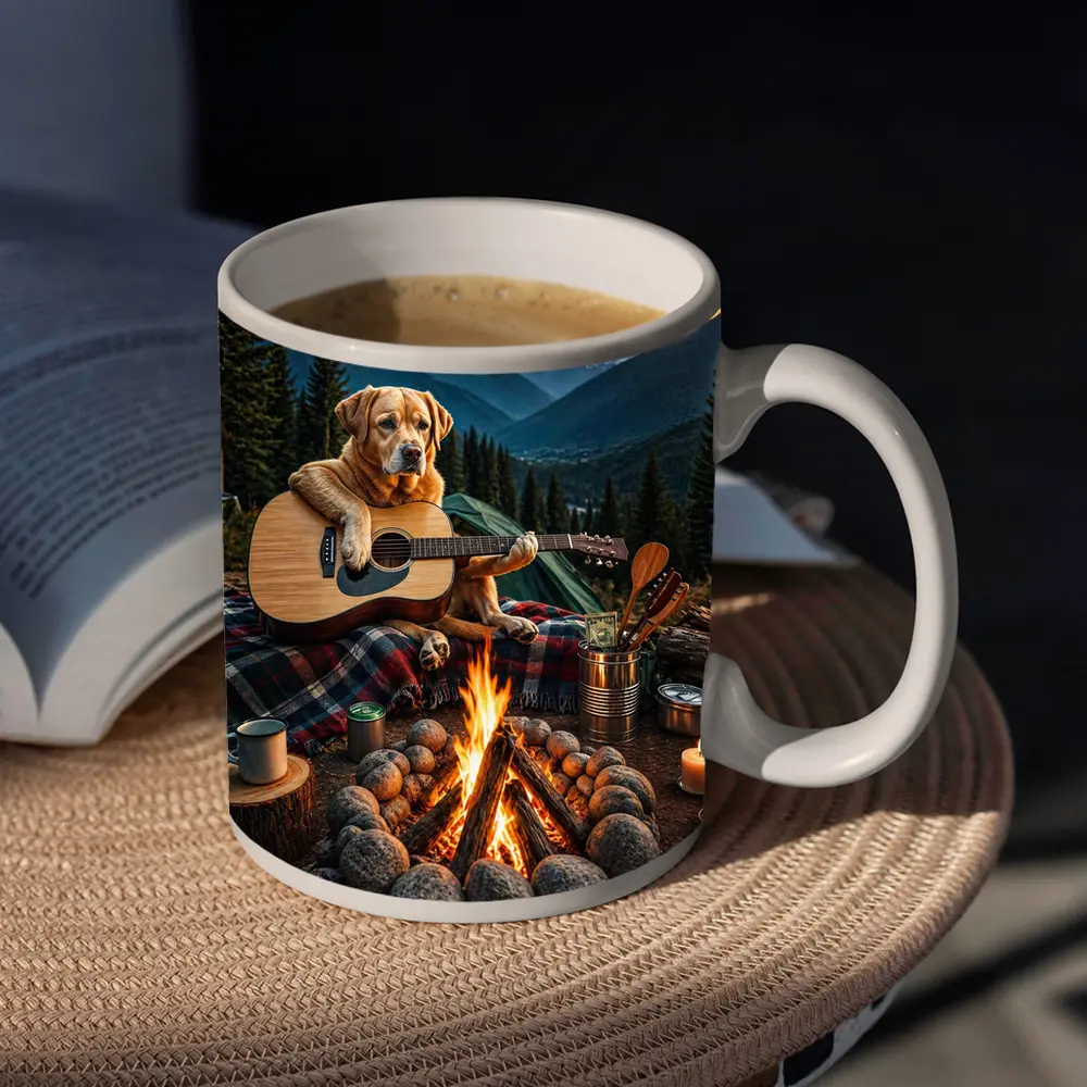 Labrador Retriever Playing Guitar Mountain Campfire – Mugs