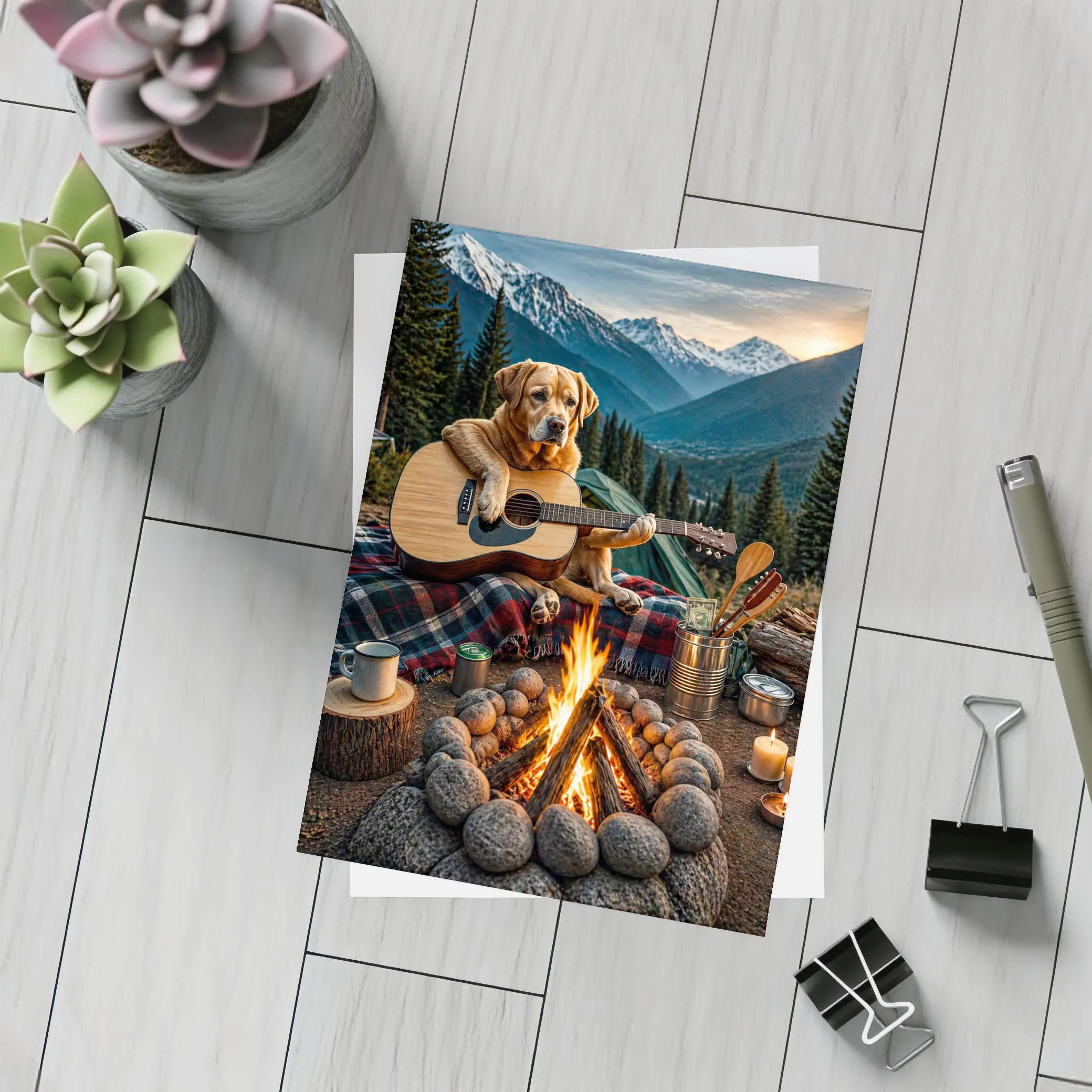 Labrador Retriever Playing Guitar Mountain Campfire – Postcards