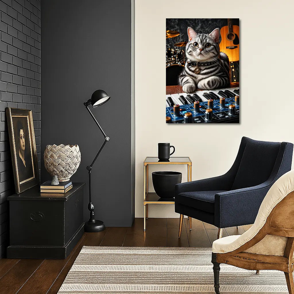 American Shorthair Cat Playing Studio Keyboard – Wall Art
