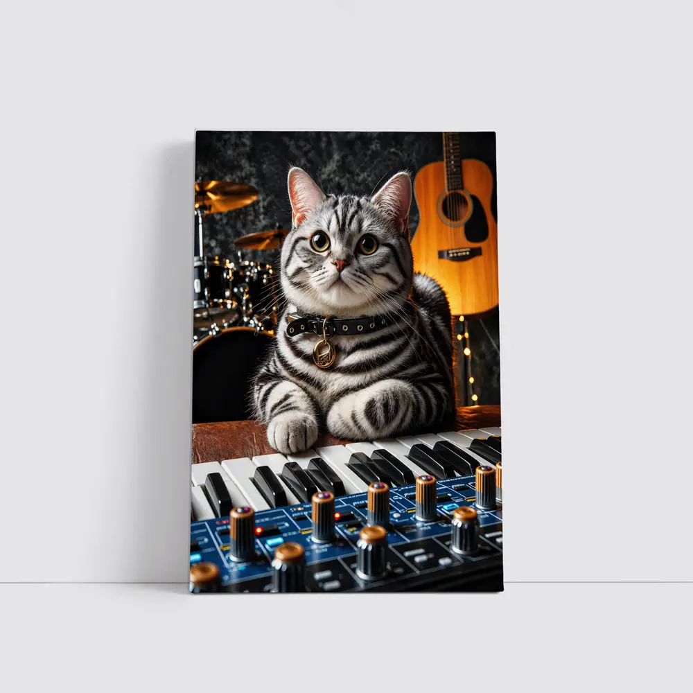 American Shorthair Cat Playing Studio Keyboard – Wall Art