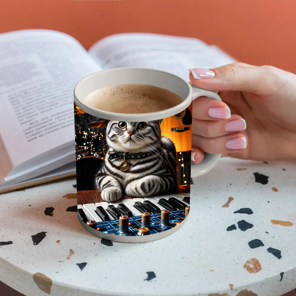 American Shorthair Cat Playing Studio Keyboard – Mugs