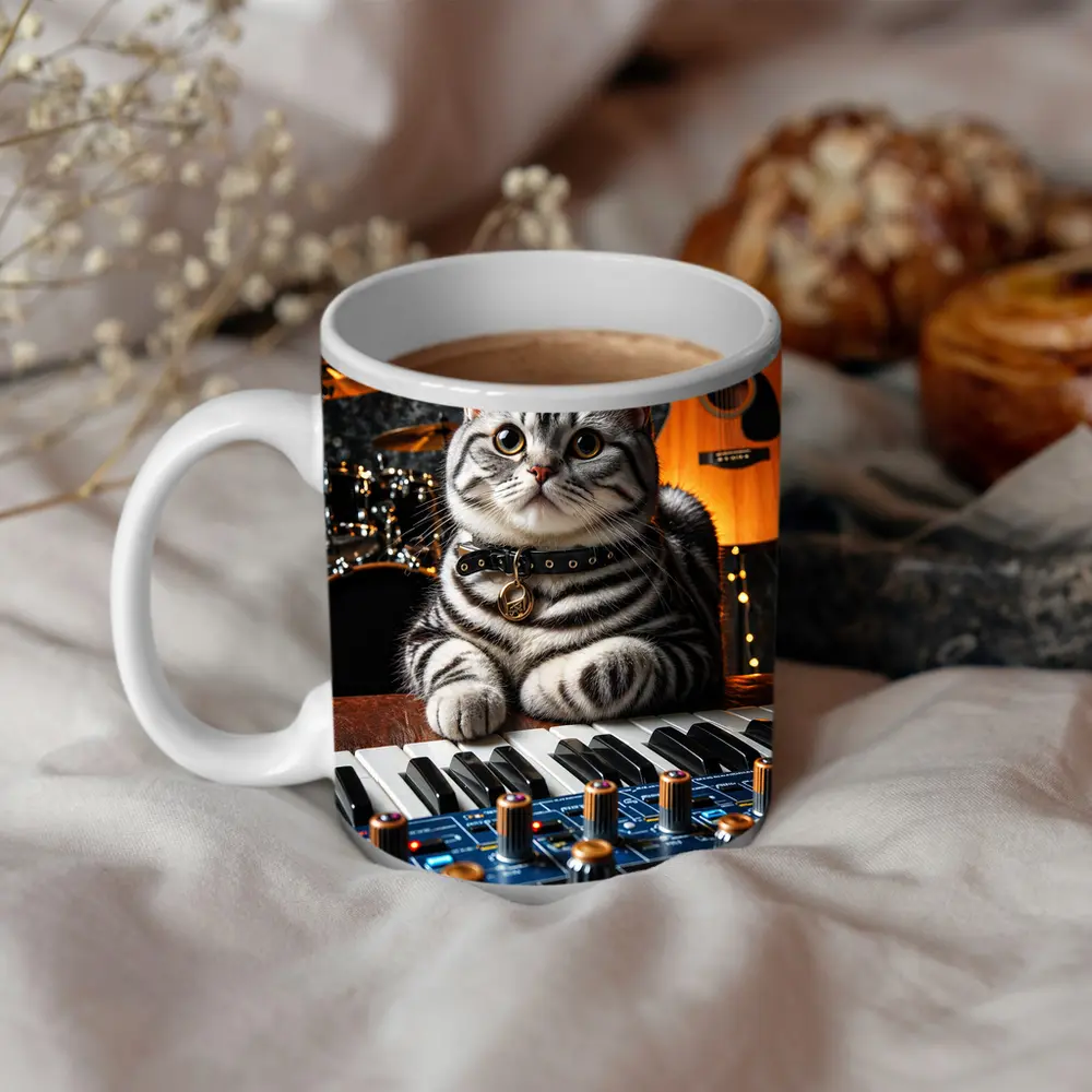 American Shorthair Cat Playing Studio Keyboard – Mugs
