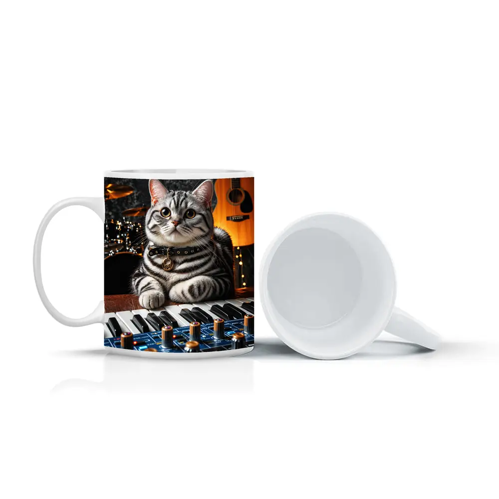 American Shorthair Cat Playing Studio Keyboard – Mugs